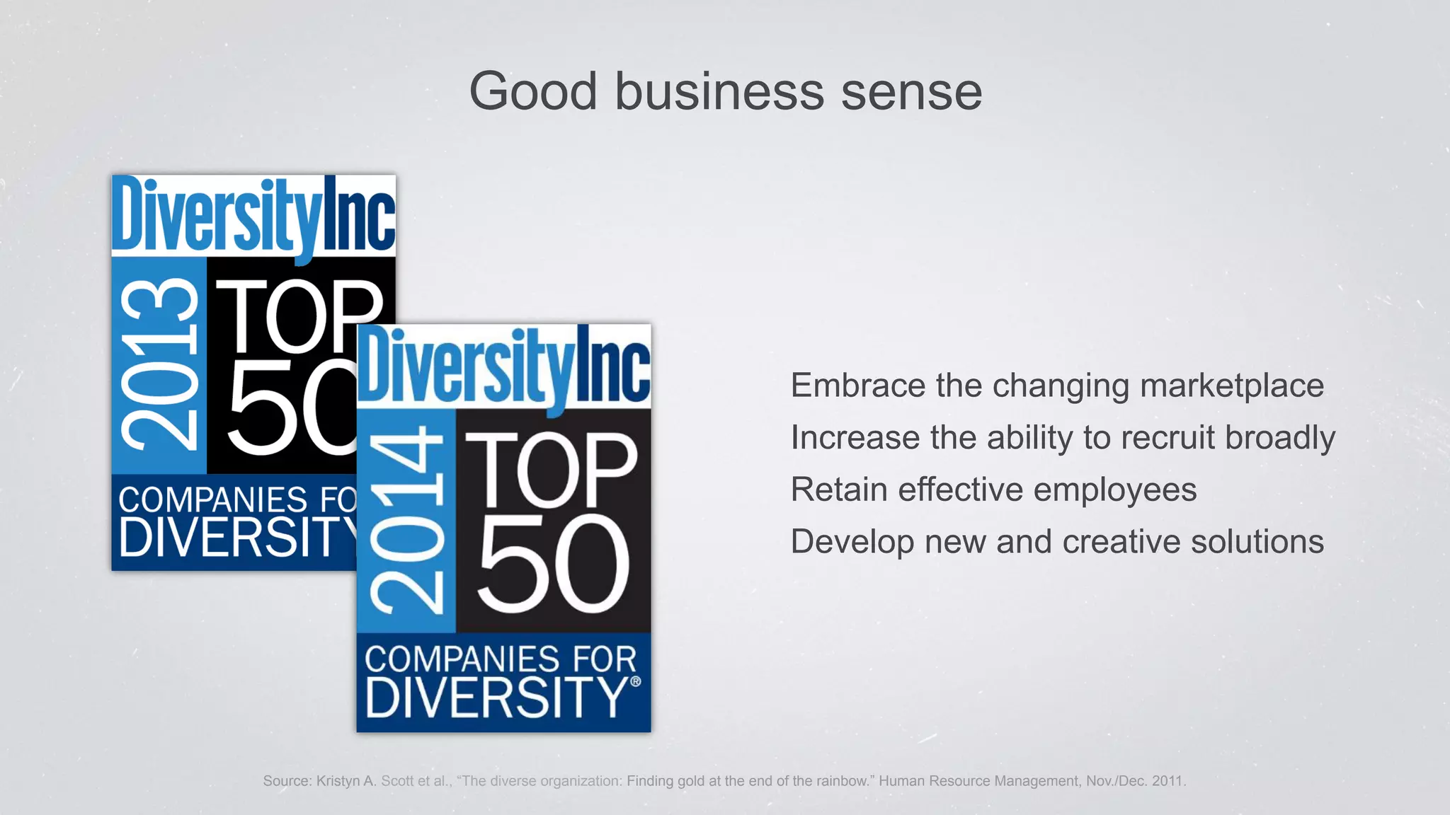Good business sense 
Embrace the changing marketplace 
Increase the ability to recruit broadly 
Retain effective employees 
Develop new and creative solutions 
Source: Kristyn A. Scott et al., “The diverse organization: Finding gold at the end of the rainbow.” Human Resource Management, Nov./Dec. 2011. 
 