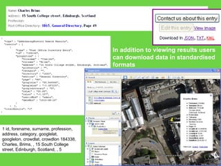 1 id, forename, surname, profession, address, category, googlelat, googlelon, crowdlat, crowdlon 184338, Charles, Brims, , 15 South College street, Edinburgh, Scotland, , 5  In addition to viewing results users can download data in standardised formats 