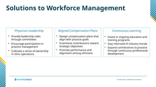 © Health Catalyst. Confidential and Proprietary.
Solutions to Workforce Management
Physician Leadership
• Provide leadership roles
through committees
• Encourage participation in
practice management
• Cultivate a sense of ownership
in clinic operations
Aligned Compensation Plans
• Design compensation plans that
align with practice goals
• Incentivize contributions toward
strategic objectives
• Promote performance and
alignment among clinicians
Continuous Learning
• Invest in ongoing education and
training programs
• Stay informed of industry trends
• Expand contributions to practice
through continuous professional
development.
 