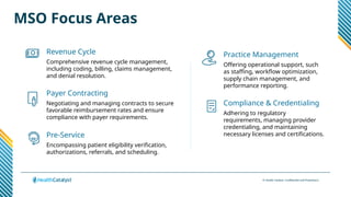 © Health Catalyst. Confidential and Proprietary.
MSO Focus Areas
Revenue Cycle
Comprehensive revenue cycle management,
including coding, billing, claims management,
and denial resolution.
Payer Contracting
Negotiating and managing contracts to secure
favorable reimbursement rates and ensure
compliance with payer requirements.
Pre-Service
Encompassing patient eligibility verification,
authorizations, referrals, and scheduling.
Practice Management
Offering operational support, such
as staffing, workflow optimization,
supply chain management, and
performance reporting.
Compliance & Credentialing
Adhering to regulatory
requirements, managing provider
credentialing, and maintaining
necessary licenses and certifications.
 