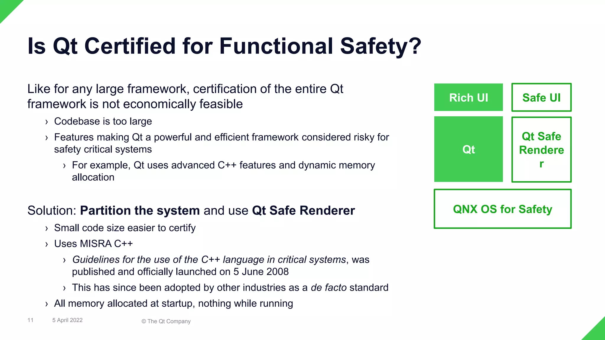 Like for any large framework, certification of the entire Qt
framework is not economically feasible
› Codebase is too large
› Features making Qt a powerful and efficient framework considered risky for
safety critical systems
› For example, Qt uses advanced C++ features and dynamic memory
allocation
Solution: Partition the system and use Qt Safe Renderer
› Small code size easier to certify
› Uses MISRA C++
› Guidelines for the use of the C++ language in critical systems, was
published and officially launched on 5 June 2008
› This has since been adopted by other industries as a de facto standard
› All memory allocated at startup, nothing while running
5 April 2022
11
Is Qt Certified for Functional Safety?
Rich UI Safe UI
Qt
Qt Safe
Rendere
r
QNX OS for Safety
© The Qt Company
 
