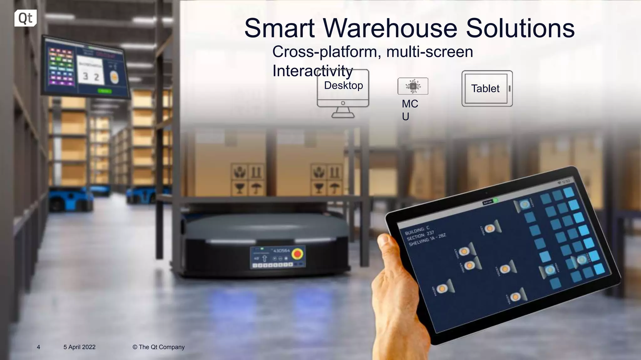 Smart Warehouse Solutions
Cross-platform, multi-screen
Interactivity
Desktop Tablet
MC
U
© The Qt Company
5 April 2022
4
 