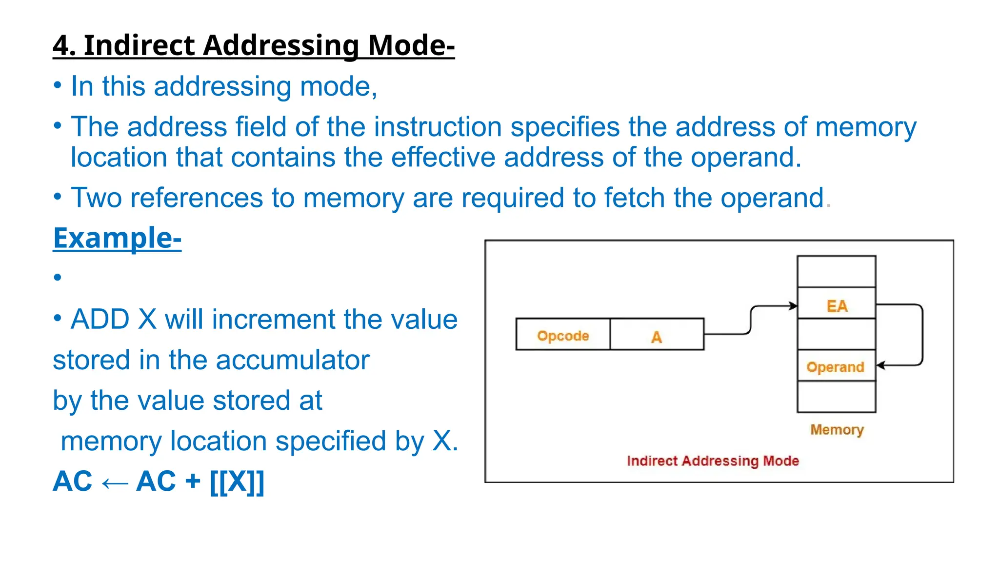 4. Indirect Addressing Mode-
• In this addressing mode,
• The address field of the instruction specifies the address of memory
location that contains the effective address of the operand.
• Two references to memory are required to fetch the operand.
Example-
•
• ADD X will increment the value
stored in the accumulator
by the value stored at
memory location specified by X.
AC ← AC + [[X]]
 
