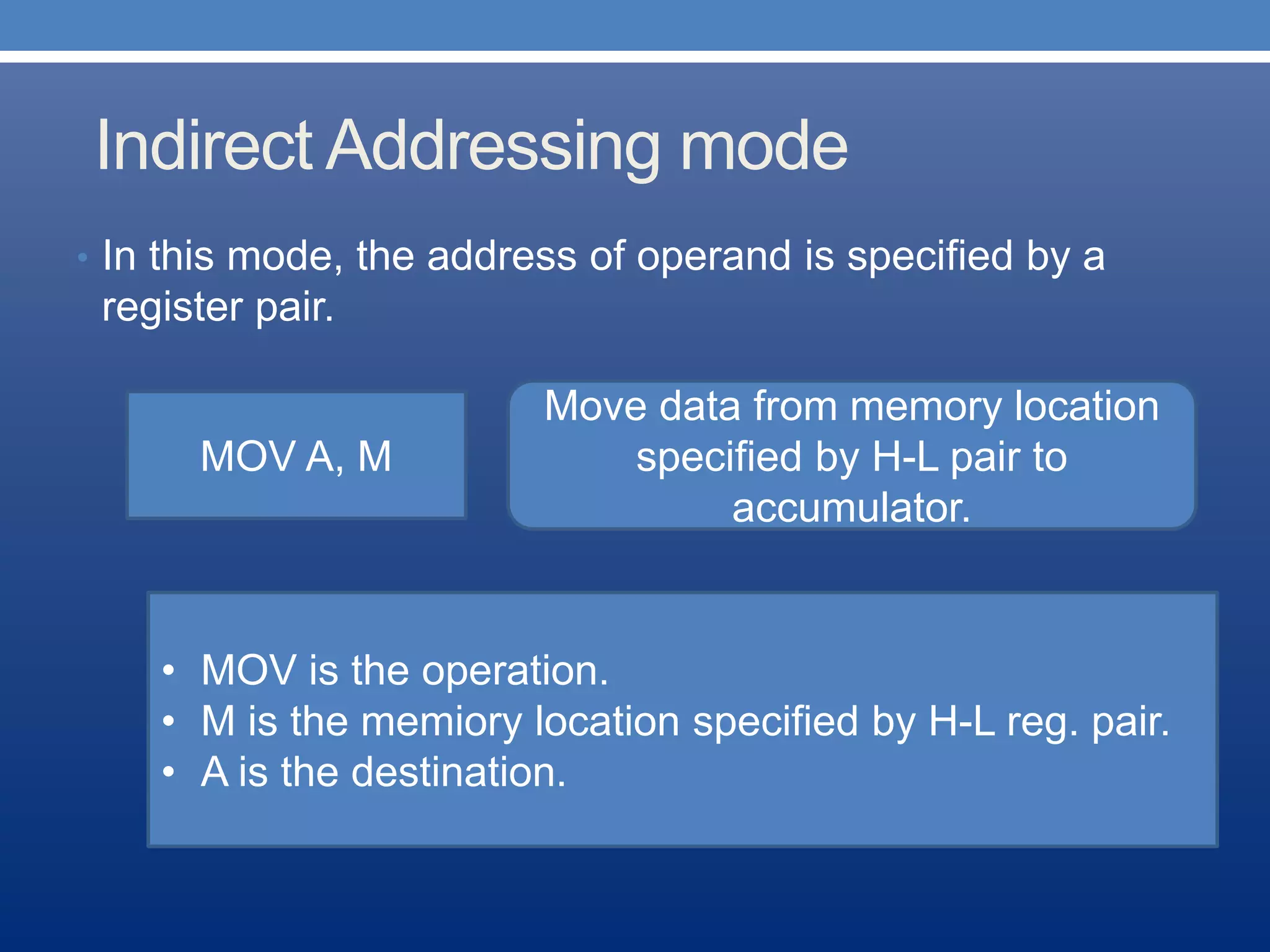 Indirect Addressing mode
• In this mode, the address of operand is specified by a
register pair.
MOV A, M
Move data from memory location
specified by H-L pair to
accumulator.
• MOV is the operation.
• M is the memiory location specified by H-L reg. pair.
• A is the destination.
 