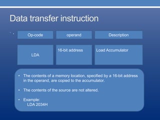 Data transfer instruction
• . Op-code operand Description
Load Accumulator
LDA
16-bit address
• The contents of a memory location, specified by a 16-bit address
in the operand, are copied to the accumulator.
• The contents of the source are not altered.
• Example:
LDA 2034H
 
