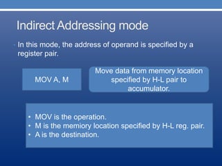 Indirect Addressing mode
• In this mode, the address of operand is specified by a
register pair.
MOV A, M
Move data from memory location
specified by H-L pair to
accumulator.
• MOV is the operation.
• M is the memiory location specified by H-L reg. pair.
• A is the destination.
 