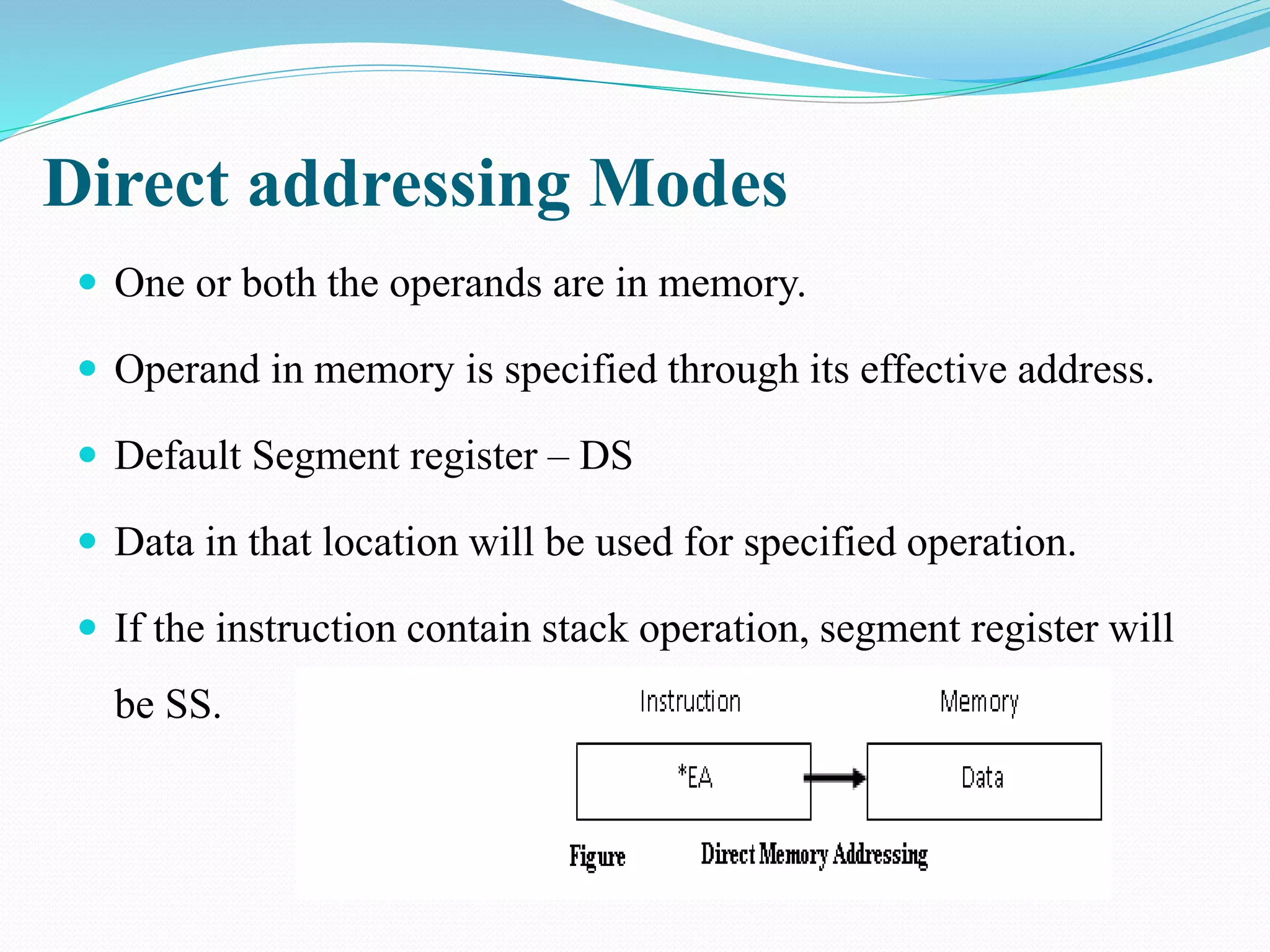 Direct addressing Modes
 One or both the operands are in memory.
 Operand in memory is specified through its effective address.
 Default Segment register – DS
 Data in that location will be used for specified operation.
 If the instruction contain stack operation, segment register will
be SS.
 