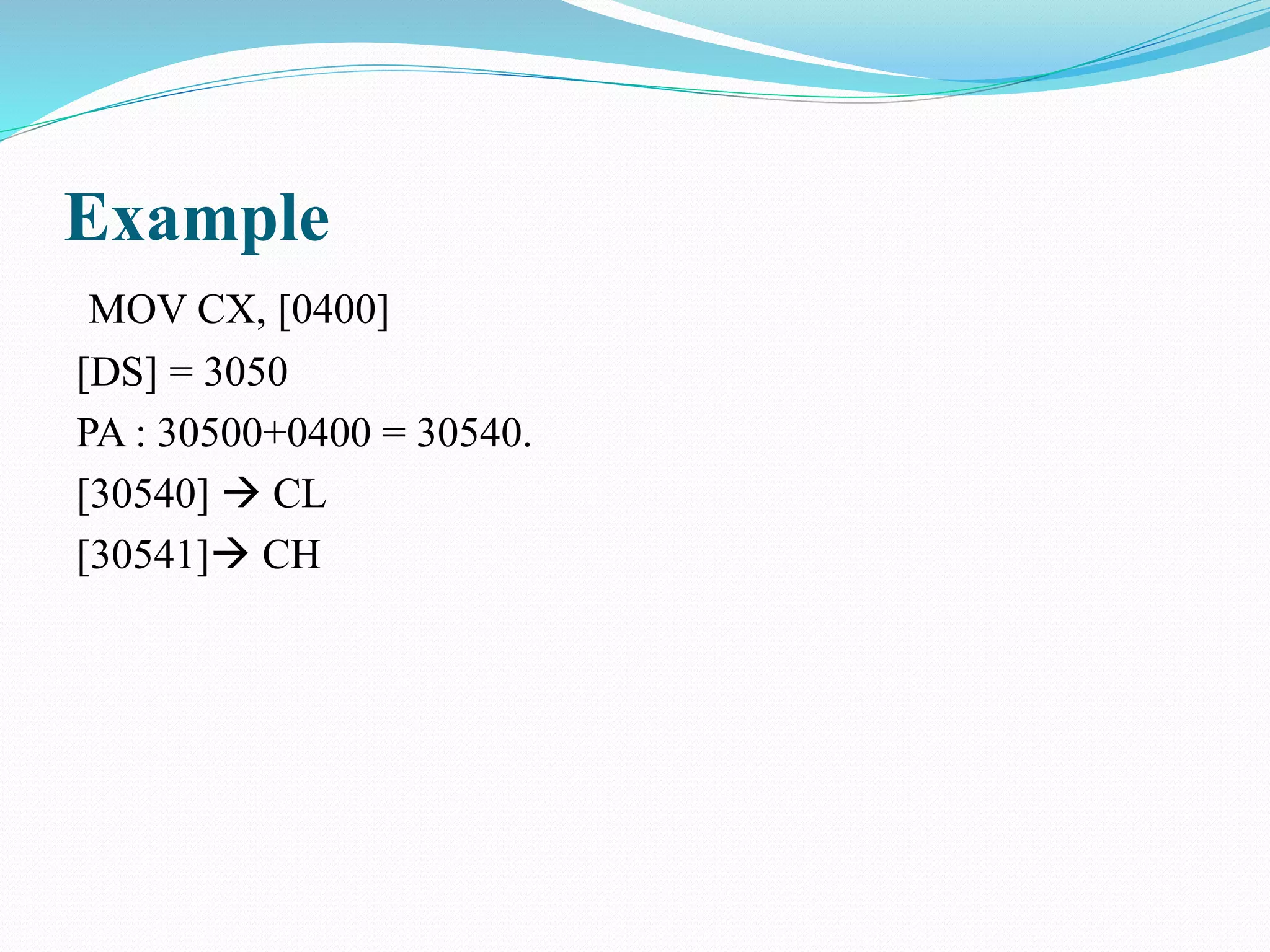 Example
MOV CX, [0400]
[DS] = 3050
PA : 30500+0400 = 30540.
[30540]  CL
[30541] CH
 