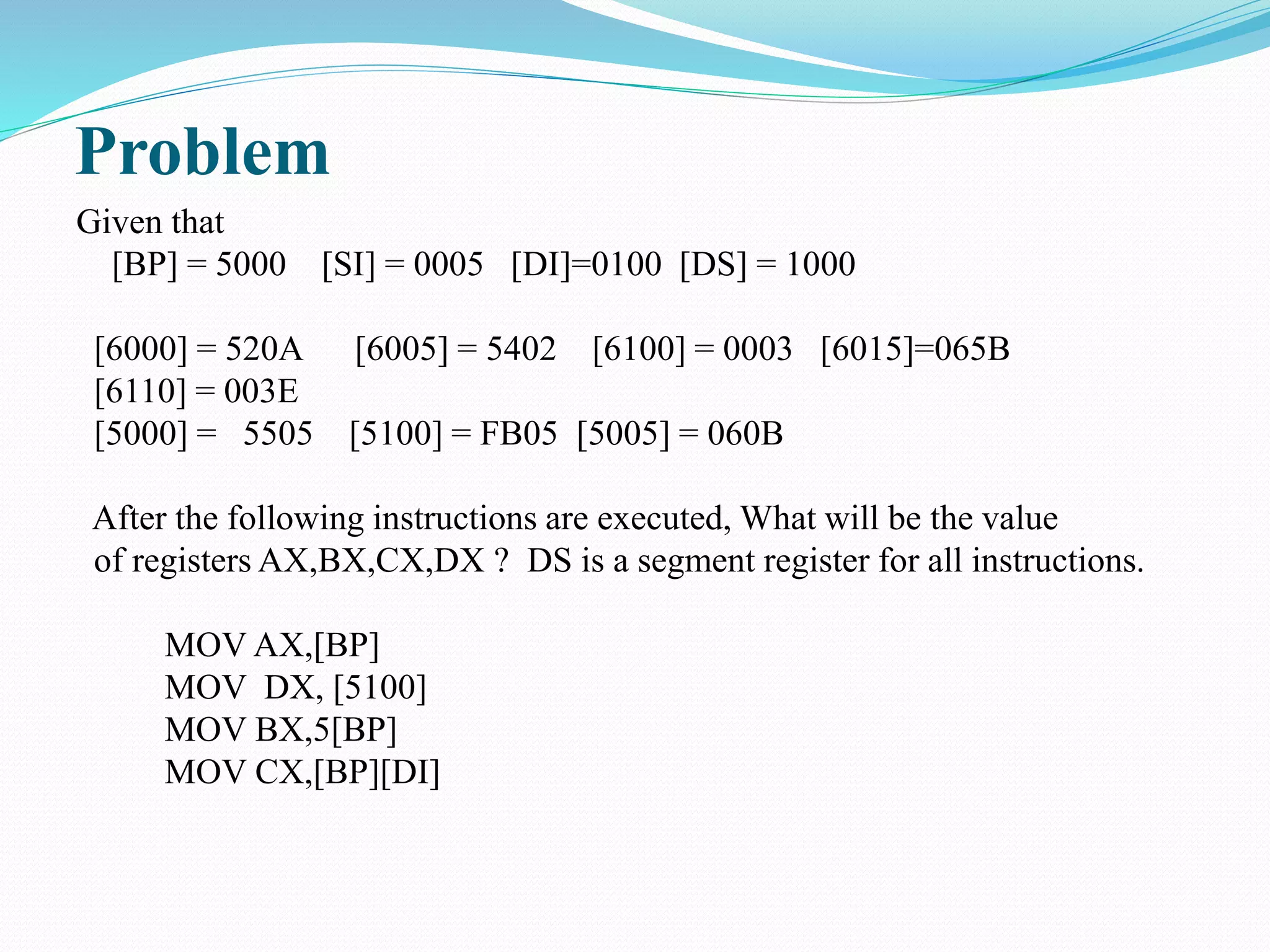 Problem
Given that
[BP] = 5000 [SI] = 0005 [DI]=0100 [DS] = 1000
[6000] = 520A [6005] = 5402 [6100] = 0003 [6015]=065B
[6110] = 003E
[5000] = 5505 [5100] = FB05 [5005] = 060B
After the following instructions are executed, What will be the value
of registers AX,BX,CX,DX ? DS is a segment register for all instructions.
MOV AX,[BP]
MOV DX, [5100]
MOV BX,5[BP]
MOV CX,[BP][DI]
 