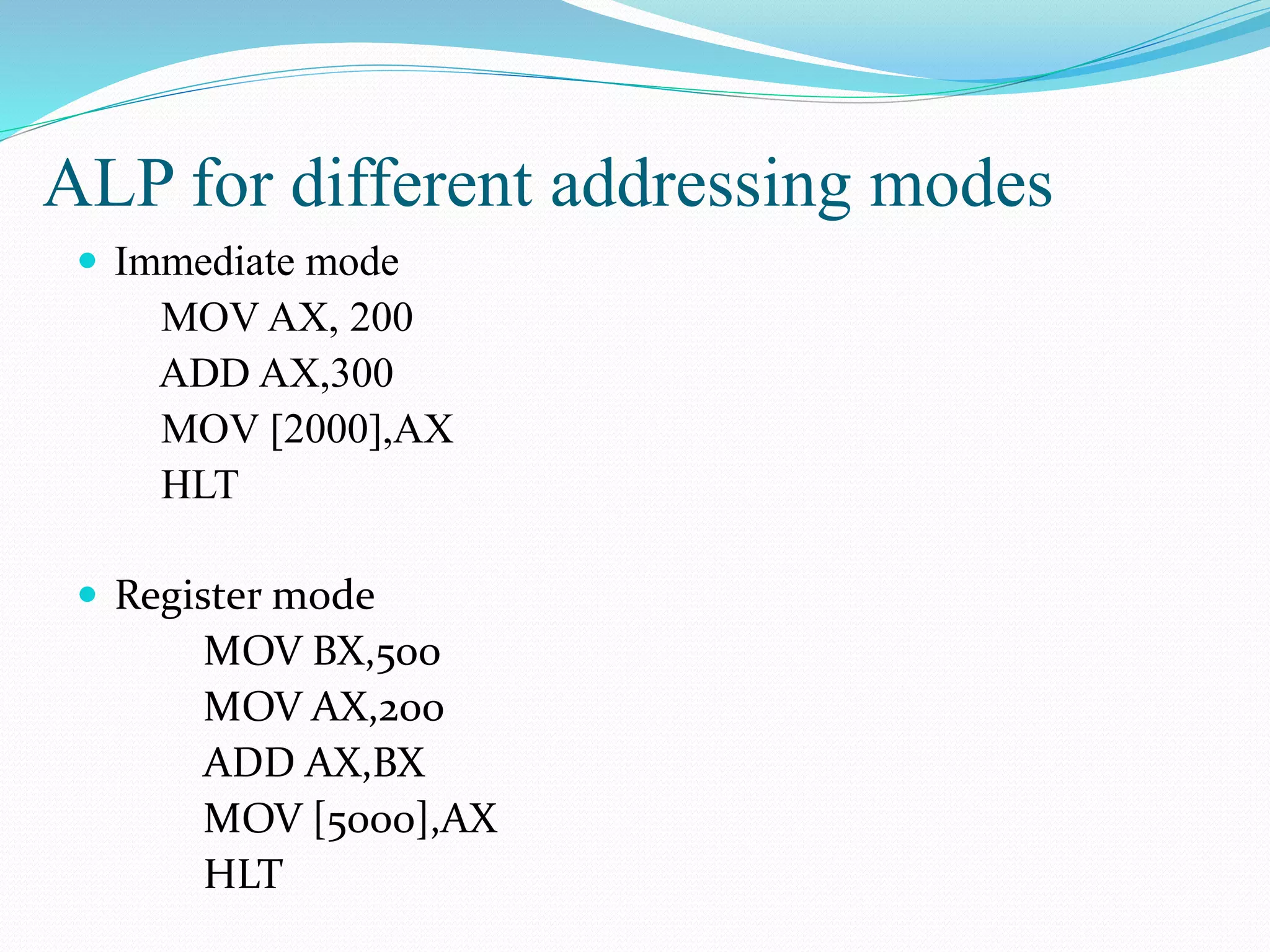 ALP for different addressing modes
 Immediate mode
MOV AX, 200
ADD AX,300
MOV [2000],AX
HLT
 Register mode
MOV BX,500
MOV AX,200
ADD AX,BX
MOV [5000],AX
HLT
 