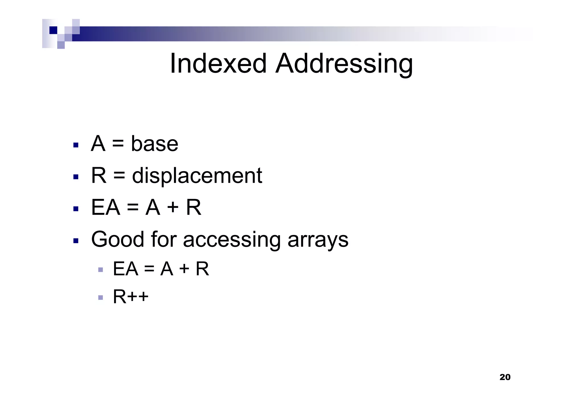 Indexed Addressing
A = base
R = displacement
EA = A + R
20
EA = A + R
Good for accessing arrays
EA = A + R
R++
 