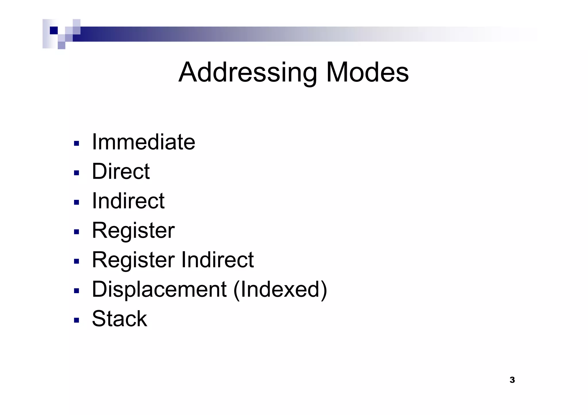 Addressing Modes
Immediate
Direct
Indirect
3
Indirect
Register
Register Indirect
Displacement (Indexed)
Stack
 