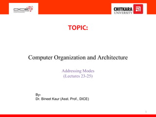 1
TOPIC:
Computer Organization and Architecture
Addressing Modes
(Lectures 23-25)
By-
Dr. Bineet Kaur (Asst. Prof., DICE)
 