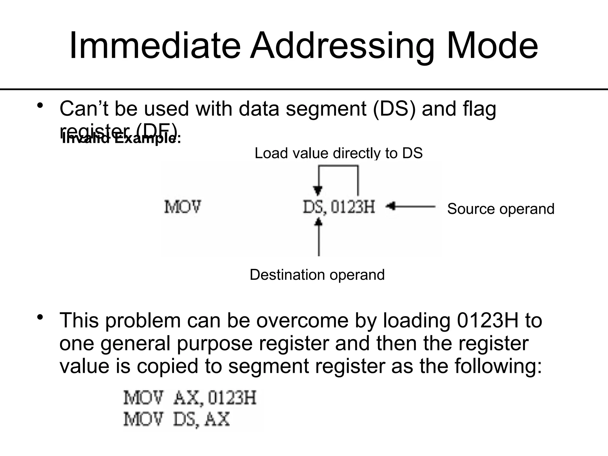 Immediate Addressing Mode
• Can’t be used with data segment (DS) and flag
register (DF)
• This problem can be overcome by loading 0123H to
one general purpose register and then the register
value is copied to segment register as the following:
Invalid Example:
Load value directly to DS
Destination operand
Source operand
 
