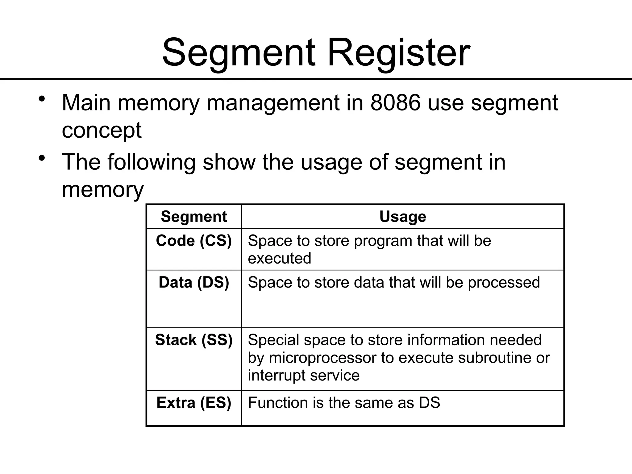 Segment Register
• Main memory management in 8086 use segment
concept
• The following show the usage of segment in
memory
Segment Usage
Code (CS) Space to store program that will be
executed
Data (DS) Space to store data that will be processed
Stack (SS) Special space to store information needed
by microprocessor to execute subroutine or
interrupt service
Extra (ES) Function is the same as DS
 