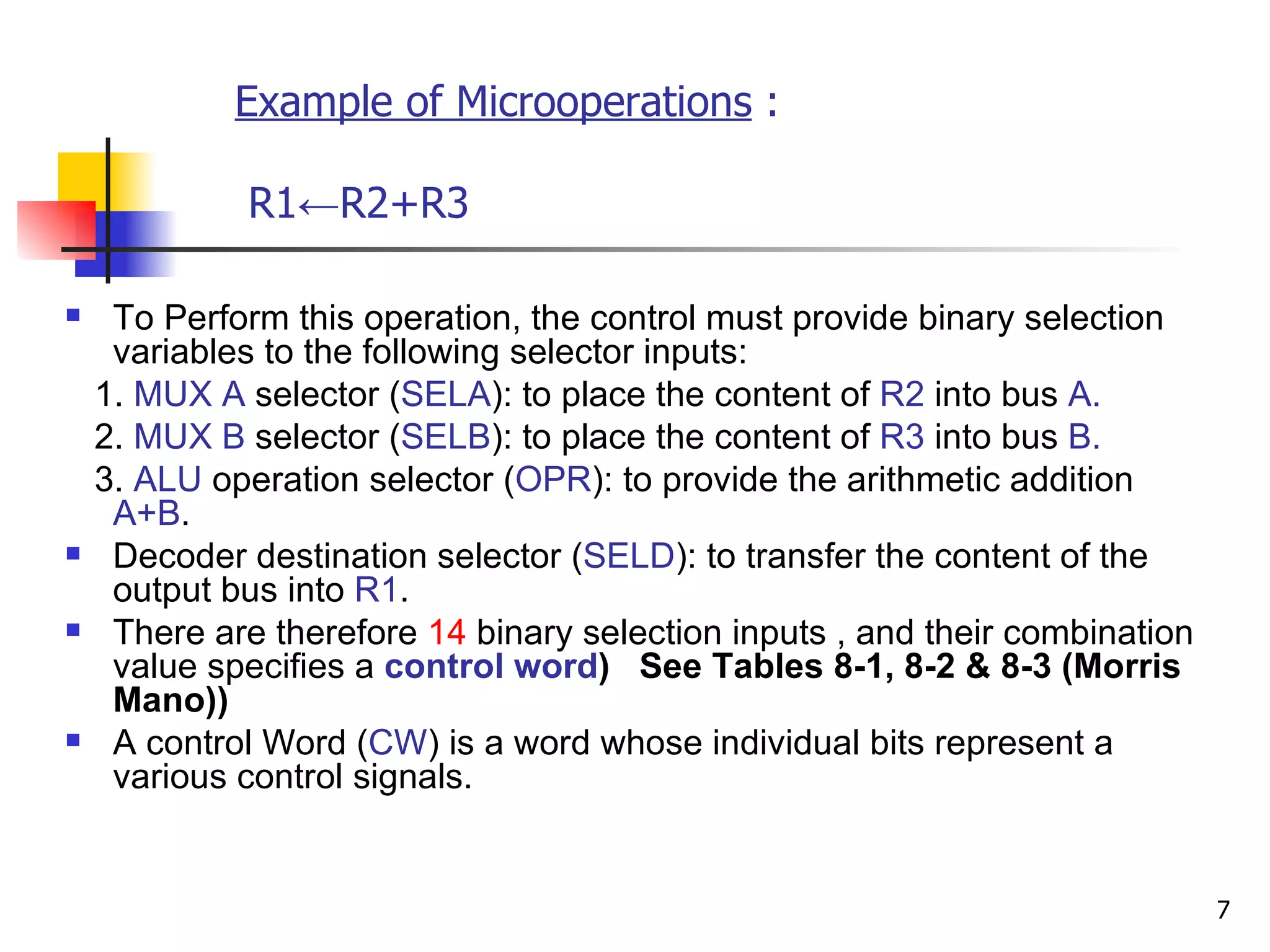 Example of Microoperations :  R1  ← R2+R3 To Perform this operation, the control must provide binary selection variables to the following selector inputs: 1.  MUX A  selector ( SELA ): to place the content of  R2  into bus  A. 2.  MUX B  selector ( SELB ): to place the content of  R3  into bus  B. 3.  ALU  operation selector ( OPR ): to provide the arithmetic addition  A+B . Decoder destination selector ( SELD ): to transfer the content of the output bus into  R1 . There are therefore  14  binary selection inputs , and their combination value specifies a  control word )  See Tables 8-1, 8-2 & 8-3 (Morris Mano)) A control Word ( CW ) is a word whose individual bits represent a various control signals. 