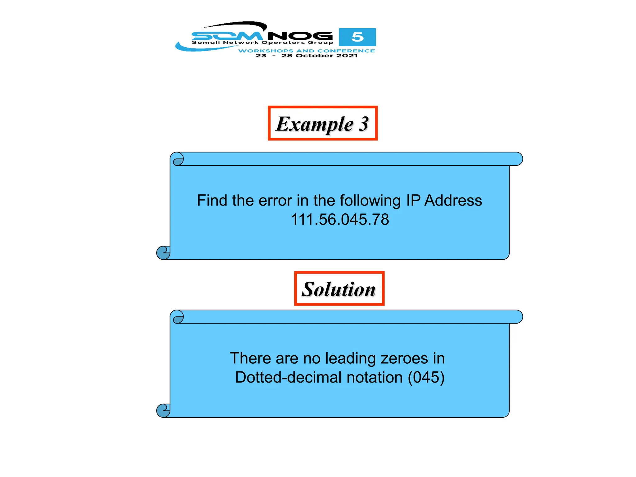Example 3
Solution
Find the error in the following IP Address
111.56.045.78
There are no leading zeroes in
Dotted-decimal notation (045)
 