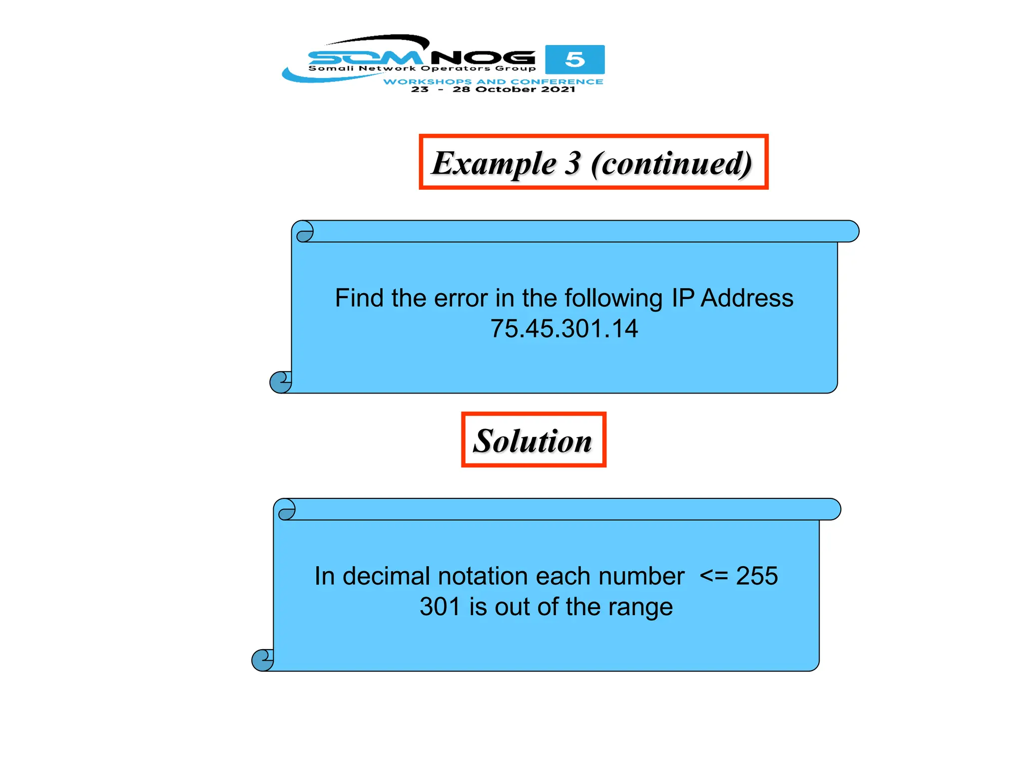 Example 3 (continued)
Solution
Find the error in the following IP Address
75.45.301.14
In decimal notation each number <= 255
301 is out of the range
 