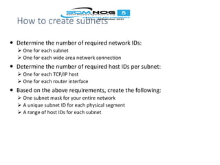 How to create subnets
 Determine the number of required network IDs:
 One for each subnet
 One for each wide area network connection
 Determine the number of required host IDs per subnet:
 One for each TCP/IP host
 One for each router interface
 Based on the above requirements, create the following:
 One subnet mask for your entire network
 A unique subnet ID for each physical segment
 A range of host IDs for each subnet
 