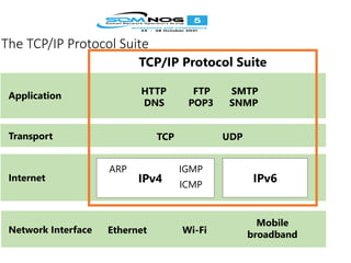 The TCP/IP Protocol Suite
Network Interface Ethernet
Mobile
broadband
Wi-Fi
Application HTTP FTP SMTP
DNS POP3 SNMP
TCP/IP Protocol Suite
Transport TCP UDP
Internet IPv6
IPv4
ARP IGMP
ICMP
 