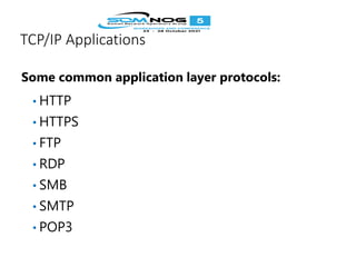 TCP/IP Applications
Some common application layer protocols:
• HTTP
• HTTPS
• FTP
• RDP
• SMB
• SMTP
• POP3
 