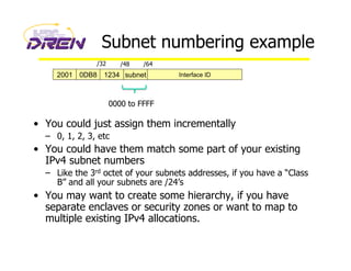 Subnet numbering example
•  You could just assign them incrementally
–  0, 1, 2, 3, etc
•  You could have them match some part of your existing
IPv4 subnet numbers
–  Like the 3rd octet of your subnets addresses, if you have a “Class
B” and all your subnets are /24’s
•  You may want to create some hierarchy, if you have
separate enclaves or security zones or want to map to
multiple existing IPv4 allocations.
2001 0DB8 1234 subnet Interface ID
/32 /48 /64
0000 to FFFF
 
