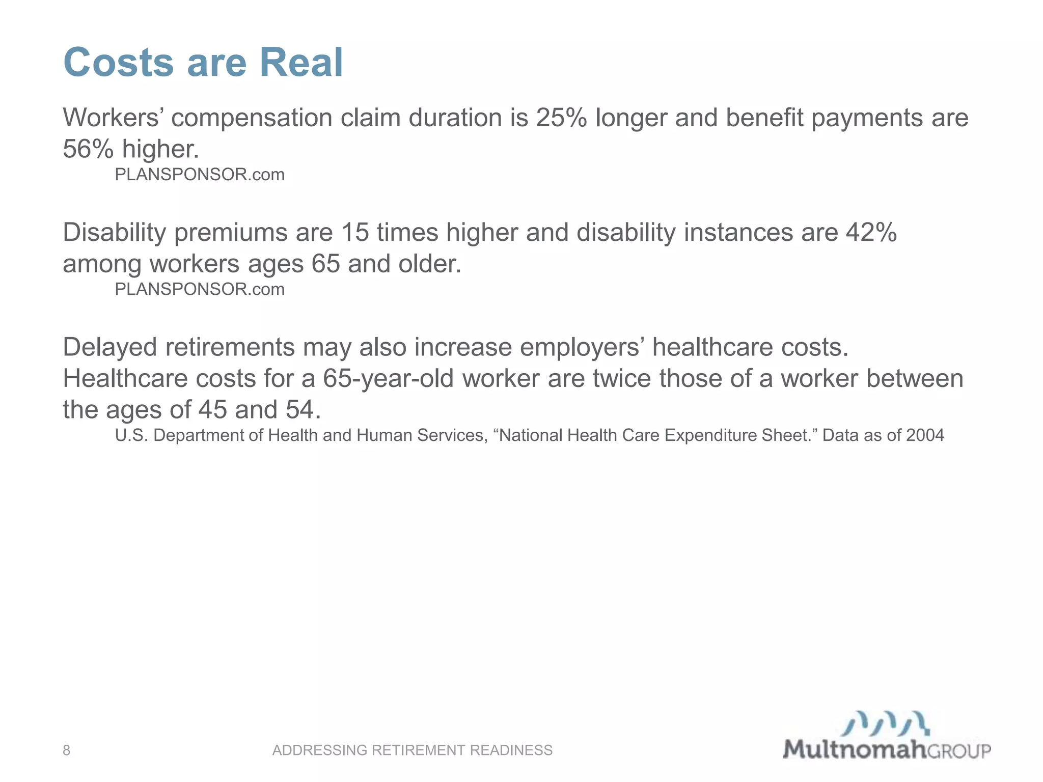 Costs are Real
ADDRESSING RETIREMENT READINESS8
Workers’ compensation claim duration is 25% longer and benefit payments are
56% higher.
PLANSPONSOR.com
Disability premiums are 15 times higher and disability instances are 42%
among workers ages 65 and older.
PLANSPONSOR.com
Delayed retirements may also increase employers’ healthcare costs.
Healthcare costs for a 65-year-old worker are twice those of a worker between
the ages of 45 and 54.
U.S. Department of Health and Human Services, “National Health Care Expenditure Sheet.” Data as of 2004
 