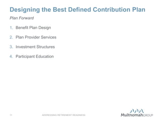 Designing the Best Defined Contribution Plan
ADDRESSING RETIREMENT READINESS11
Plan Forward
1. Benefit Plan Design
2. Plan Provider Services
3. Investment Structures
4. Participant Education
 
