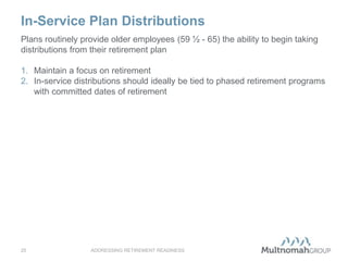 In-Service Plan Distributions
ADDRESSING RETIREMENT READINESS20
Plans routinely provide older employees (59 ½ - 65) the ability to begin taking
distributions from their retirement plan
1. Maintain a focus on retirement
2. In-service distributions should ideally be tied to phased retirement programs
with committed dates of retirement
 