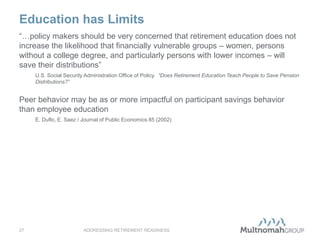 Education has Limits
ADDRESSING RETIREMENT READINESS27
“…policy makers should be very concerned that retirement education does not
increase the likelihood that financially vulnerable groups – women, persons
without a college degree, and particularly persons with lower incomes – will
save their distributions”
U.S. Social Security Administration Office of Policy. “Does Retirement Education Teach People to Save Pension
Distributions?”
Peer behavior may be as or more impactful on participant savings behavior
than employee education
E. Duflo, E. Saez / Journal of Public Economics 85 (2002)
 