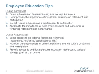 Employee Education Tips
ADDRESSING RETIREMENT READINESS28
During Enrollment
1. Focus education on financial literacy and savings behaviors
2. Deemphasize the importance of investment selection on retirement plan
participation
3. Do not require education as a predecessor to participation
4. Appreciate the importance of peer group behavior and leadership in
furthering retirement plan performance
During Accumulation
1. Begin educating on external factors on retirement
(healthcare, insurance, social security, etc.)
2. Highlight the effectiveness of current behaviors and the culture of savings
and participation
3. Provide access to additional personal education resources to validate
savings goals and structure
 