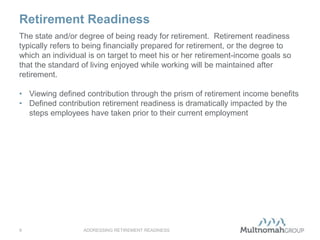 Retirement Readiness
ADDRESSING RETIREMENT READINESS9
The state and/or degree of being ready for retirement. Retirement readiness
typically refers to being financially prepared for retirement, or the degree to
which an individual is on target to meet his or her retirement-income goals so
that the standard of living enjoyed while working will be maintained after
retirement.
• Viewing defined contribution through the prism of retirement income benefits
• Defined contribution retirement readiness is dramatically impacted by the
steps employees have taken prior to their current employment
 