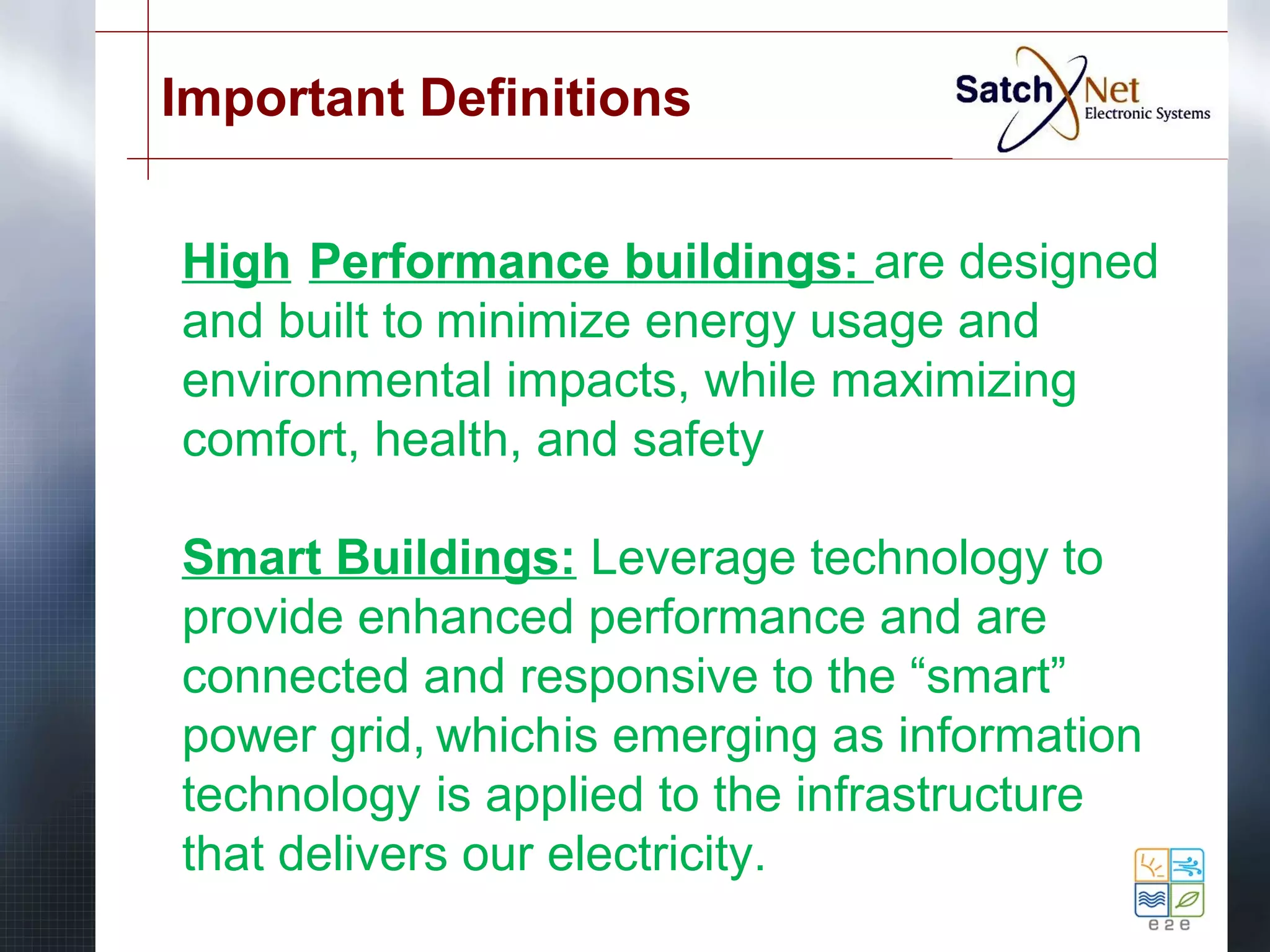 Important Definitions 
High Performance buildings: are designed 
and built to minimize energy usage and 
environmental impacts, while maximizing 
comfort, health, and safety 
Smart Buildings: Leverage technology to 
provide enhanced performance and are 
connected and responsive to the “smart” 
power grid, whichis emerging as information 
technology is applied to the infrastructure 
that delivers our electricity. 
 
