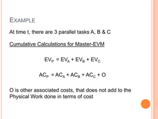 EXAMPLE
At time t, there are 3 parallel tasks A, B & C
Cumulative Calculations for Master-EVM
EVP = EVA + EVB + EVC
ACP = ACA + ACB + ACC + Ο
Ο is other associated costs, that does not add to the
Physical Work done in terms of cost
 