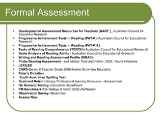 Formal Assessment  Developmental Assessment Resources for Teachers (DART ) _ Australian Council for Education Research Progressive Achievement Tests in Reading (PAT-R ) -Australian Council for Educational Research Progressive Achievement Tests in Reading (PAT-R 4 ) Tests of Reading Comprehension (TORCH ) -Australian Council for Educational Research Neale Analysis of Reading Ability  - Australian Council for Educational Research Writing and Reading Assessment Profile (WRAP) - Probe Reading Assessment  - 2nd edition- Pool and Parkin, 2002, Triune Initiatives LEXILES CARS- Series B Teacher Guide 2006Hawker Brownlow Education Peter’s Dictation South Australian Spelling Test Read and Retell - Literacy Professional learning Resource – Assessment  On Demand Testing  -Education Department PM Benchmark Kit-  Nelleye & Smith 2000,nferNelson Observation Survey-  Marie Clay Assess Now   