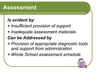 Assessment  Is evident by: Insufficient provision of support Inadequate assessment materials Can be Addressed by Provision of appropriate diagnostic tools and support from administration Whole School assessment schedule 