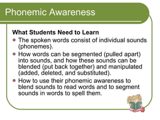 Phonemic Awareness What Students Need to Learn The spoken words consist of individual sounds (phonemes).  How words can be segmented (pulled apart) into sounds, and how these sounds can be blended (put back together) and manipulated (added, deleted, and substituted).  How to use their phonemic awareness to blend sounds to read words and to segment sounds in words to spell them. 