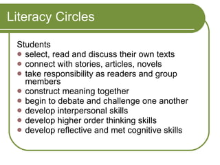 Literacy Circles Students select, read and discuss their own texts connect with stories, articles, novels take responsibility as readers and group members construct meaning together begin to debate and challenge one another develop interpersonal skills develop higher order thinking skills develop reflective and met cognitive skills 