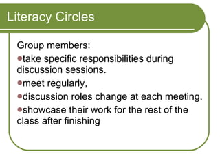 Literacy Circles Group members:  take specific responsibilities during discussion sessions.  meet regularly,  discussion roles change at each meeting. showcase their work for the rest of the class after finishing 