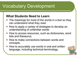 Vocabulary Development What Students Need to Learn The meanings for most of the words in a text so they can understand what they read.  How to apply a variety of strategies to develop an understanding of unfamiliar words How to access resources, such as dictionaries, word lists and thesaurus.  How to make connections between words and concepts.  How to accurately use words in oral and written language, including technical terminology. 