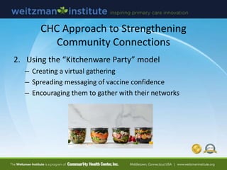 CHC Approach to Strengthening
Community Connections
2. Using the “Kitchenware Party” model
– Creating a virtual gathering
– Spreading messaging of vaccine confidence
– Encouraging them to gather with their networks
 