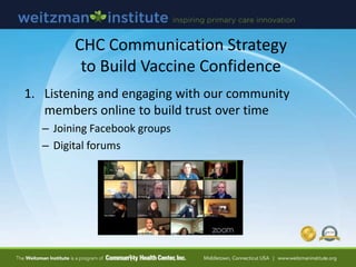 CHC Communication Strategy
to Build Vaccine Confidence
1. Listening and engaging with our community
members online to build trust over time
– Joining Facebook groups
– Digital forums
 