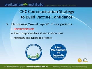 5. Harnessing “social capital” of our patients
– Reinforcing facts
– Photo opportunities at vaccination sites
– Hashtags and Facebook frames
CHC Communication Strategy
to Build Vaccine Confidence
 