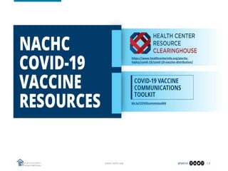 @NACHC
www.nachc.org | 2
https://www.healthcenterinfo.org/piority-
topics/covid-19/covid-19-vaccine-distribution/
bit.ly/COVIDcommstoolkit
 