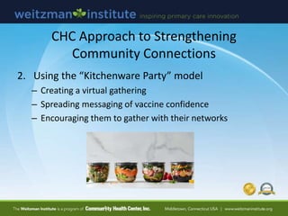 CHC Approach to Strengthening
Community Connections
2. Using the “Kitchenware Party” model
– Creating a virtual gathering
...