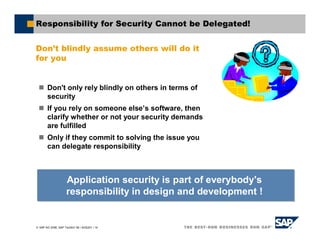 SAP AG 2006, SAP TechEd ’06 / AGS201 / 14
Responsibility for Security Cannot be Delegated!
Don’t blindly assume others will do it
for you
Don't only rely blindly on others in terms of
security
If you rely on someone else’s software, then
clarify whether or not your security demands
are fulfilled
Only if they commit to solving the issue you
can delegate responsibility
Application security is part of everybody's
responsibility in design and development !
 