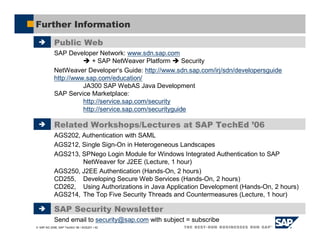 SAP AG 2006, SAP TechEd ’06 / AGS201 / 42
Further Information
Public Web
SAP Developer Network: www.sdn.sap.com
+ SAP NetWeaver Platform Security
NetWeaver Developer‘s Guide: http://www.sdn.sap.com/irj/sdn/developersguide
http://www.sap.com/education/
JA300 SAP WebAS Java Development
SAP Service Marketplace:
http://service.sap.com/security
http://service.sap.com/securityguide
SAP Security Newsletter
Send email to security@sap.com with subject = subscribe
Related Workshops/Lectures at SAP TechEd ’06
AGS202, Authentication with SAML
AGS212, Single Sign-On in Heterogeneous Landscapes
AGS213, SPNego Login Module for Windows Integrated Authentication to SAP
NetWeaver for J2EE (Lecture, 1 hour)
AGS250, J2EE Authentication (Hands-On, 2 hours)
CD255, Developing Secure Web Services (Hands-On, 2 hours)
CD262, Using Authorizations in Java Application Development (Hands-On, 2 hours)
AGS214, The Top Five Security Threads and Countermeasures (Lecture, 1 hour)
 