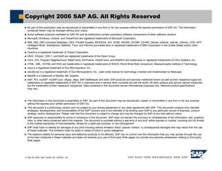 SAP AG 2006, SAP TechEd ’06 / AGS201 / 45
No part of this publication may be reproduced or transmitted in any form or for any purpose without the express permission of SAP AG. The information
contained herein may be changed without prior notice.
Some software products marketed by SAP AG and its distributors contain proprietary software components of other software vendors.
Microsoft, Windows, Outlook, and PowerPoint are registered trademarks of Microsoft Corporation.
IBM, DB2, DB2 Universal Database, OS/2, Parallel Sysplex, MVS/ESA, AIX, S/390, AS/400, OS/390, OS/400, iSeries, pSeries, xSeries, zSeries, z/OS, AFP,
Intelligent Miner, WebSphere, Netfinity, Tivoli, and Informix are trademarks or registered trademarks of IBM Corporation in the United States and/or other
countries.
Oracle is a registered trademark of Oracle Corporation.
UNIX, X/Open, OSF/1, and Motif are registered trademarks of the Open Group.
Citrix, ICA, Program Neighborhood, MetaFrame, WinFrame, VideoFrame, and MultiWin are trademarks or registered trademarks of Citrix Systems, Inc.
HTML, XML, XHTML and W3C are trademarks or registered trademarks of W3C®, World Wide Web Consortium, Massachusetts Institute of Technology.
Java is a registered trademark of Sun Microsystems, Inc.
JavaScript is a registered trademark of Sun Microsystems, Inc., used under license for technology invented and implemented by Netscape.
MaxDB is a trademark of MySQL AB, Sweden.
SAP, R/3, mySAP, mySAP.com, xApps, xApp, SAP NetWeaver and other SAP products and services mentioned herein as well as their respective logos are
trademarks or registered trademarks of SAP AG in Germany and in several other countries all over the world. All other product and service names mentioned
are the trademarks of their respective companies. Data contained in this document serves informational purposes only. National product specifications
may vary.
The information in this document is proprietary to SAP. No part of this document may be reproduced, copied, or transmitted in any form or for any purpose
without the express prior written permission of SAP AG.
This document is a preliminary version and not subject to your license agreement or any other agreement with SAP. This document contains only intended
strategies, developments, and functionalities of the SAP®
product and is not intended to be binding upon SAP to any particular course of business, product
strategy, and/or development. Please note that this document is subject to change and may be changed by SAP at any time without notice.
SAP assumes no responsibility for errors or omissions in this document. SAP does not warrant the accuracy or completeness of the information, text, graphics,
links, or other items contained within this material. This document is provided without a warranty of any kind, either express or implied, including but not limited
to the implied warranties of merchantability, fitness for a particular purpose, or non-infringement.
SAP shall have no liability for damages of any kind including without limitation direct, special, indirect, or consequential damages that may result from the use
of these materials. This limitation shall not apply in cases of intent or gross negligence.
The statutory liability for personal injury and defective products is not affected. SAP has no control over the information that you may access through the use
of hot links contained in these materials and does not endorse your use of third-party Web pages nor provide any warranty whatsoever relating to third-party
Web pages.
Copyright 2006 SAP AG. All Rights Reserved
 