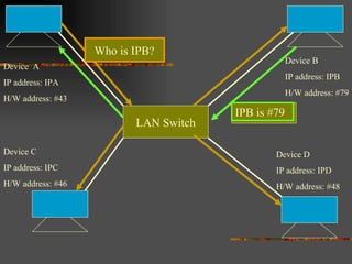 LAN Switch Device C IP address: IPC H/W address: #46 Device  A IP address: IPA H/W address: #43 Device B IP address: IPB H/W address: #79 Device D IP address: IPD H/W address: #48 Who is IPB? IPB is #79 