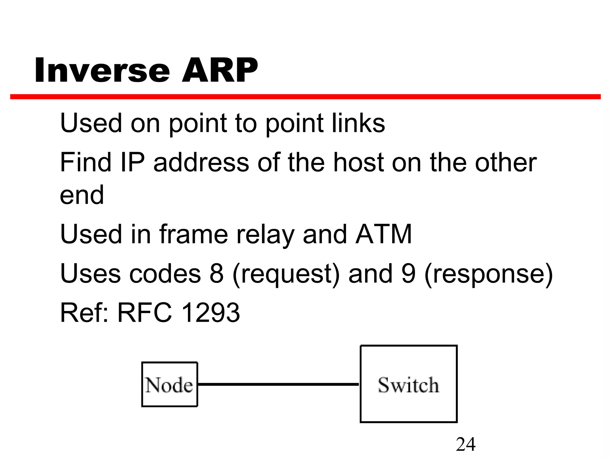 Inverse ARP
 Used on point to point links
 Find IP address of the host on the other
 end
 Used in frame relay and ATM
 Uses codes 8 (request) and 9 (response)
 Ref: RFC 1293



                                 24
 